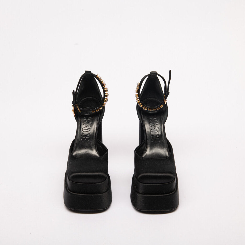 Versace Black Satin Platform Crystal Ankle Heels