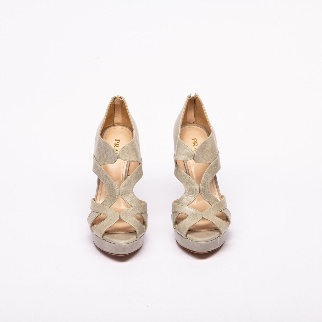 Prada Light Grey Crinkle-Leather Platform Heeled Sandals