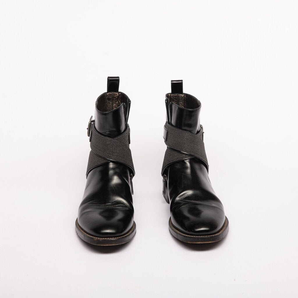Black Leather Jeweled Strap Booties (37.5)
