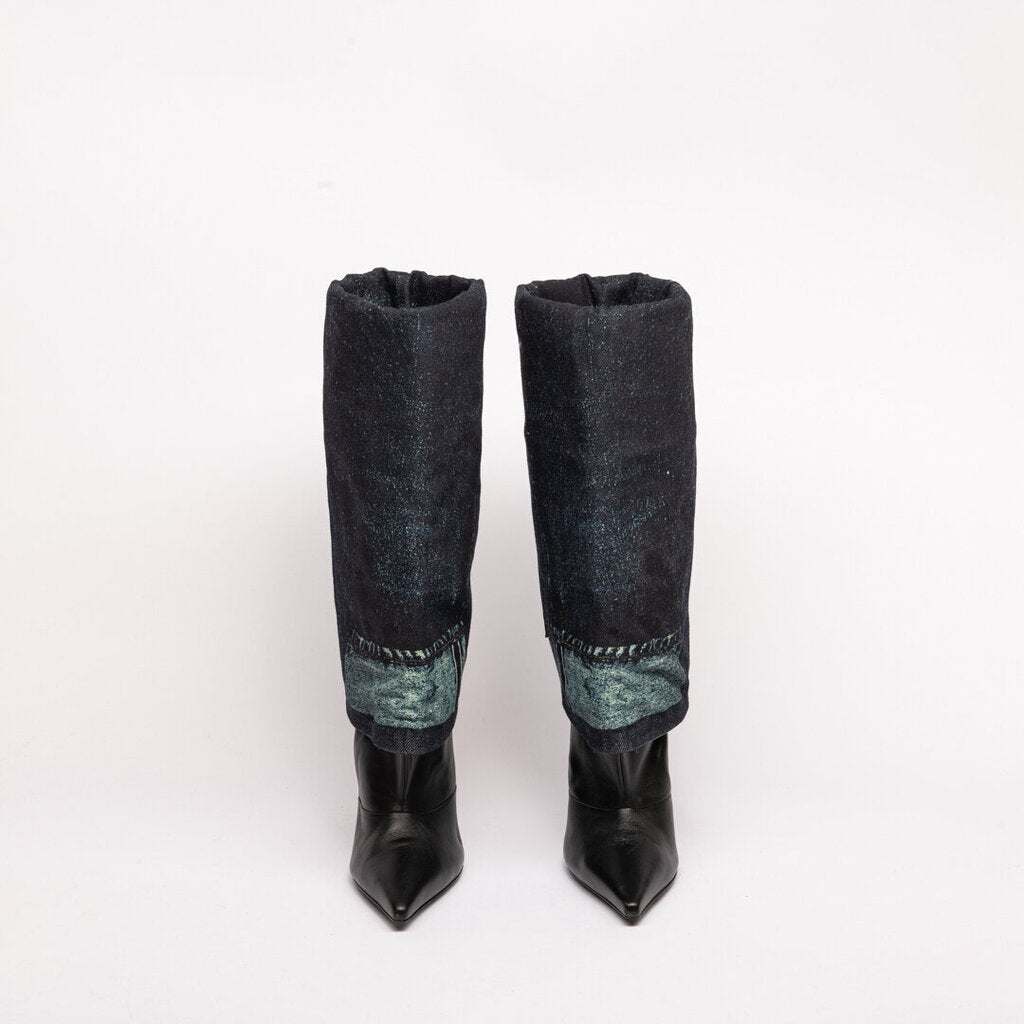 Jimmy Choo x Jean Paul Gauthier Black Leather & Denim Effect Boots