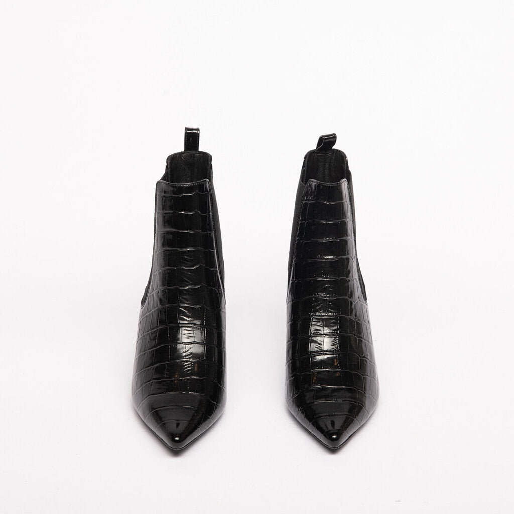 Black Patent Leather Embossed Heeled Booties (est 450)