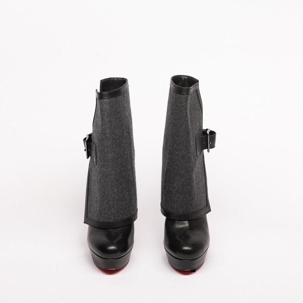 Christian Louboutin Black Leather Wool-Overlay Heeled Boots