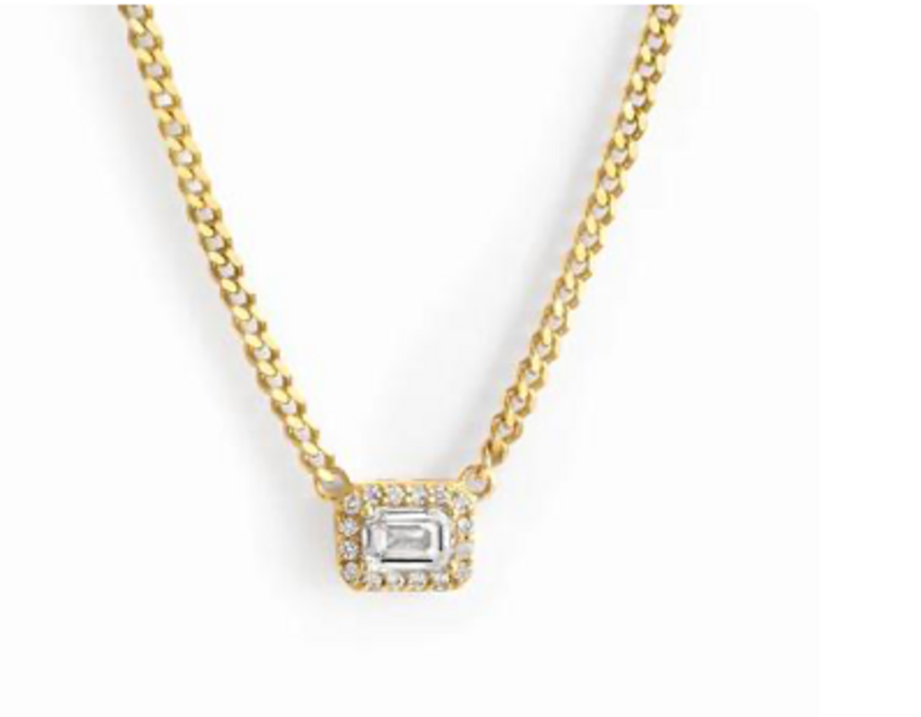 HALO EMERALD CUT NECKLACE ON CUBAN CHAIN YG 16'