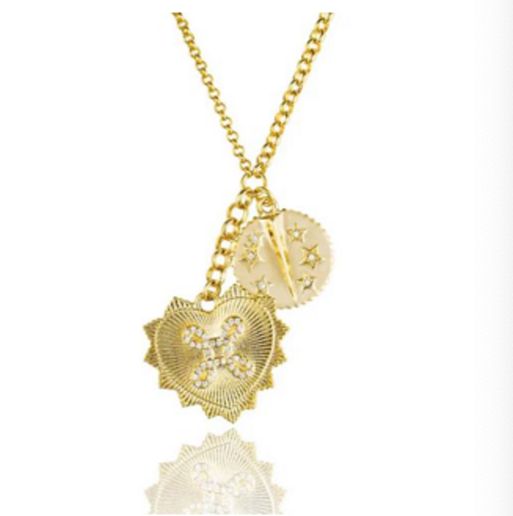 Fluted Heart and coin charm Rolo chain Necklace YG