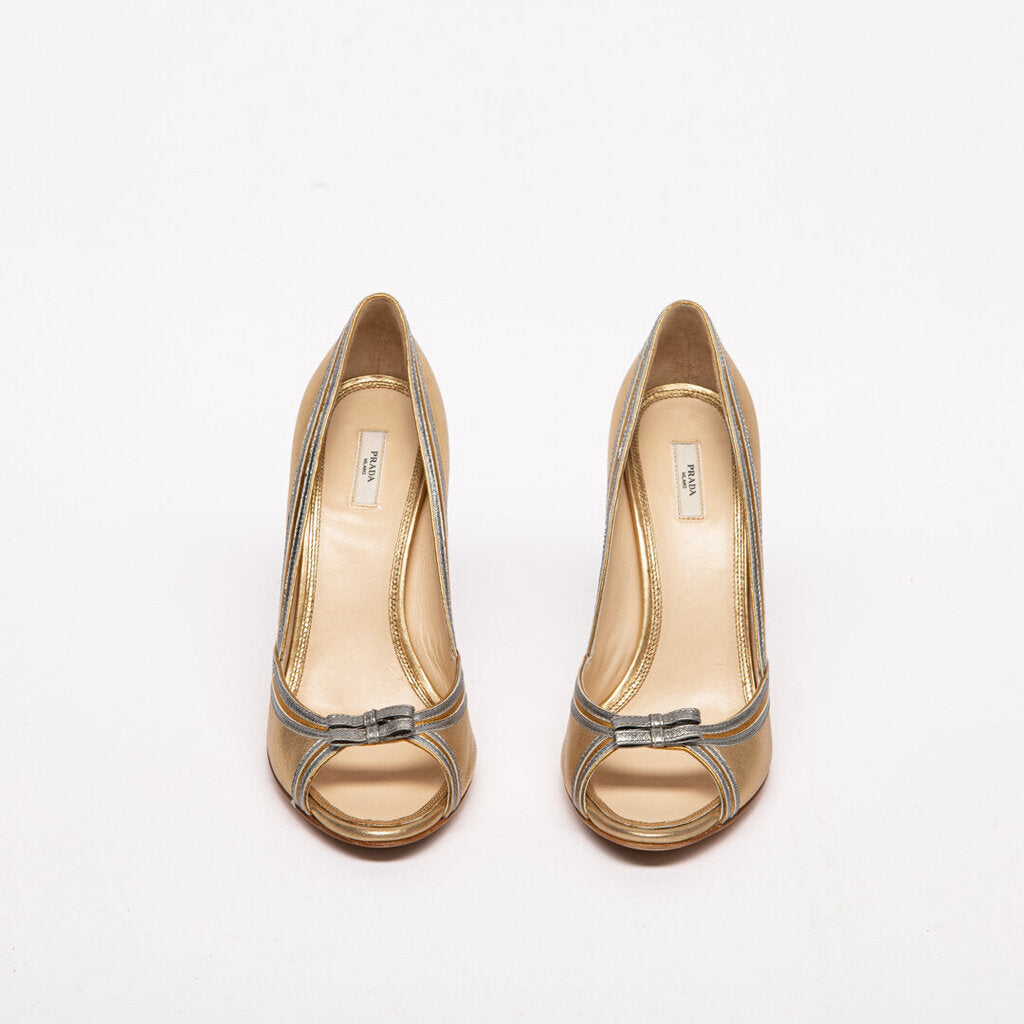 Prada Gold Leather Jeweled-Heel Pumps