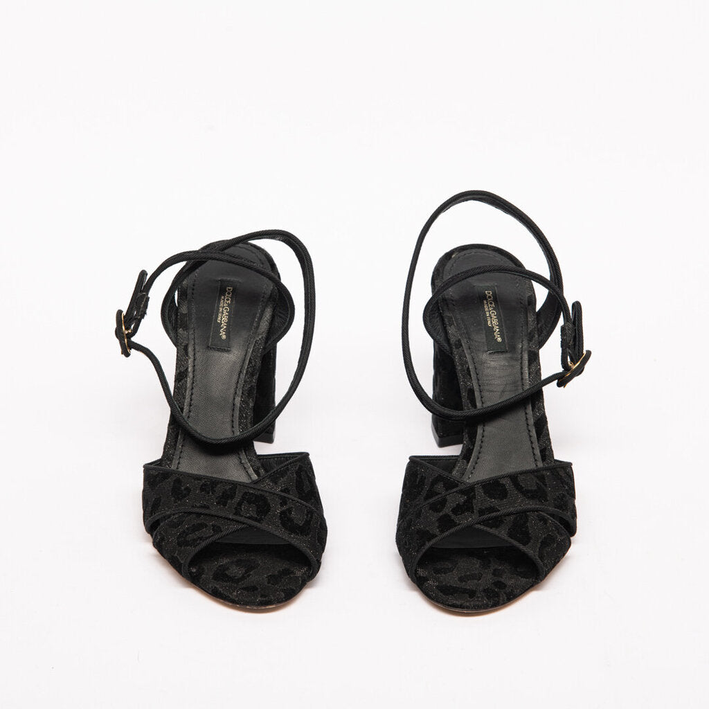 Dolce & Gabbana Black Glitter Leopard Block Heel Sandal