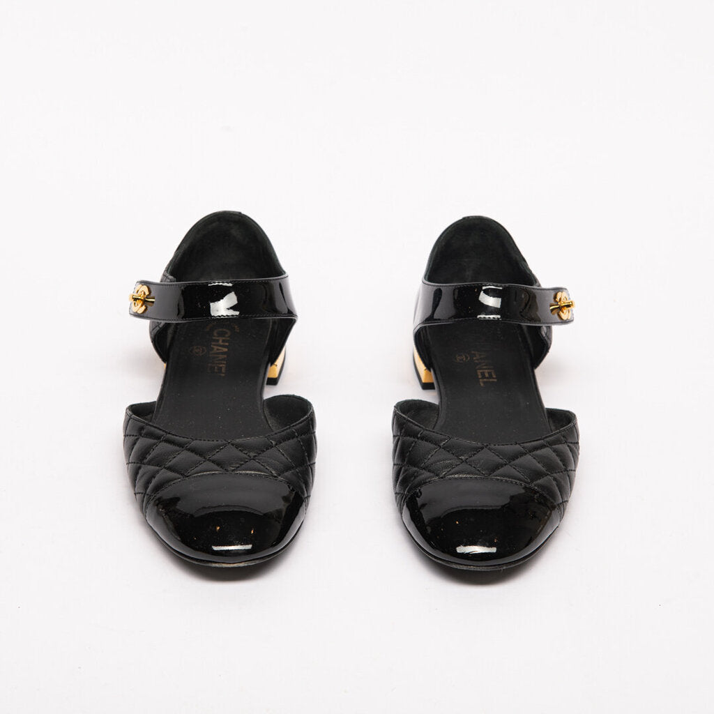 Chanel Black Patent Cap Toe MaryJane Flats
