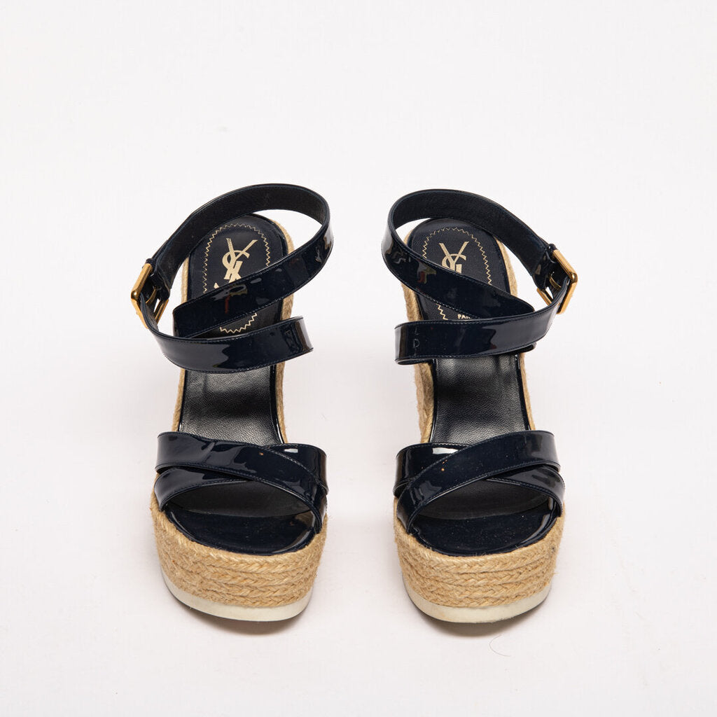 Saint Laurent Blue Patent Wedge Espadrille