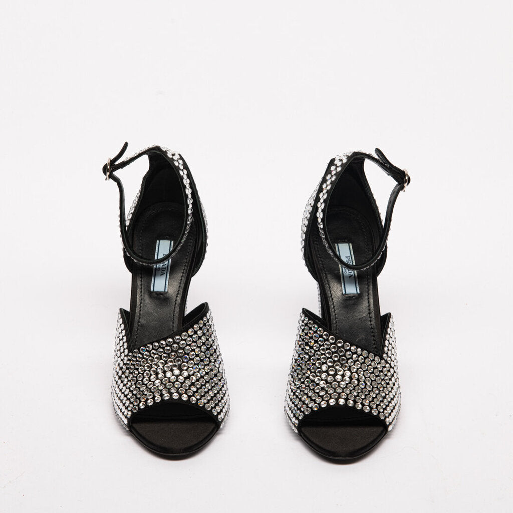 Prada Rhinestone Satin Ankle Strap Pumps