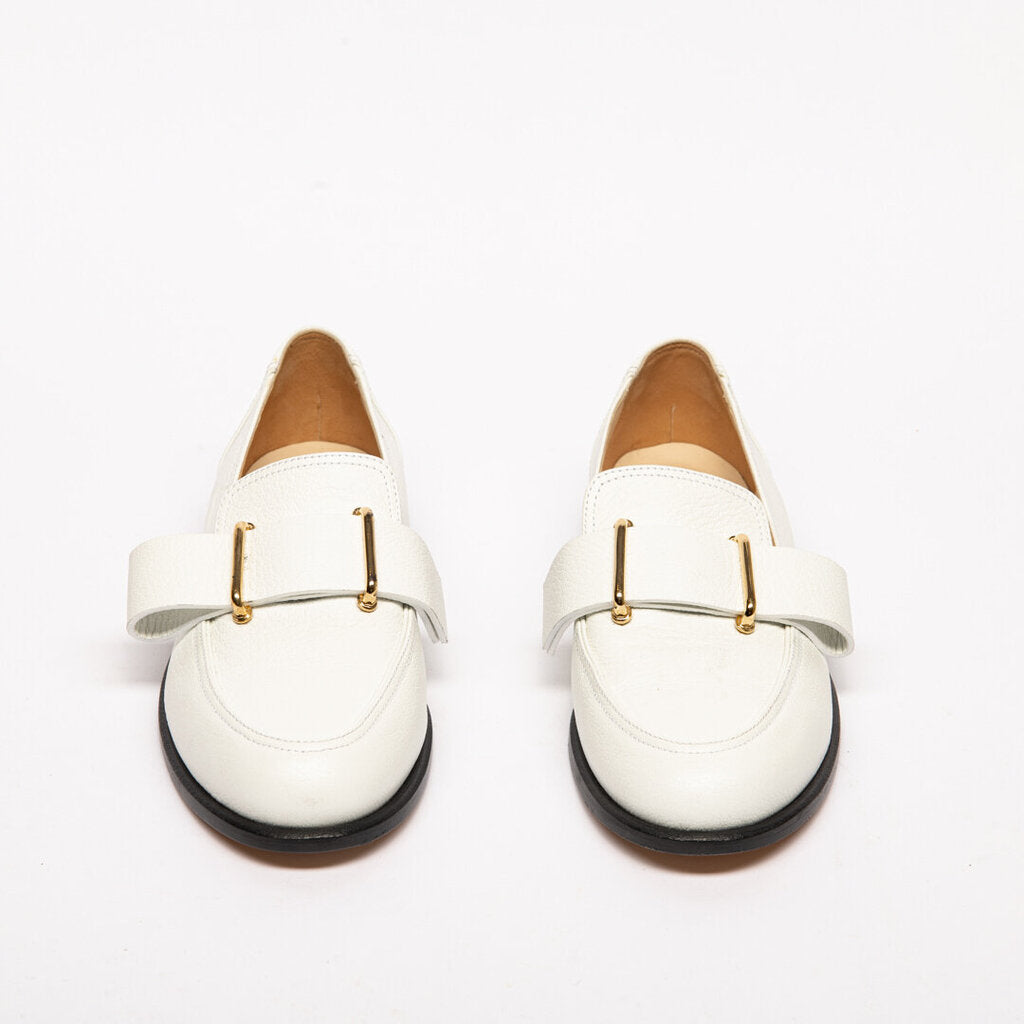 Tibi White Leather & Gold Buckle Loafer