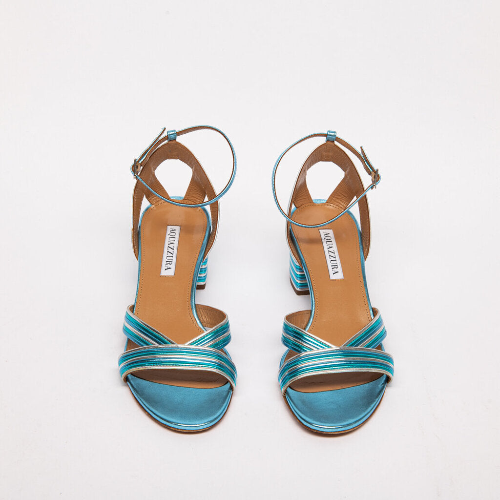 Aquazzura Blue Metallic Strappy Block Heel Sandal