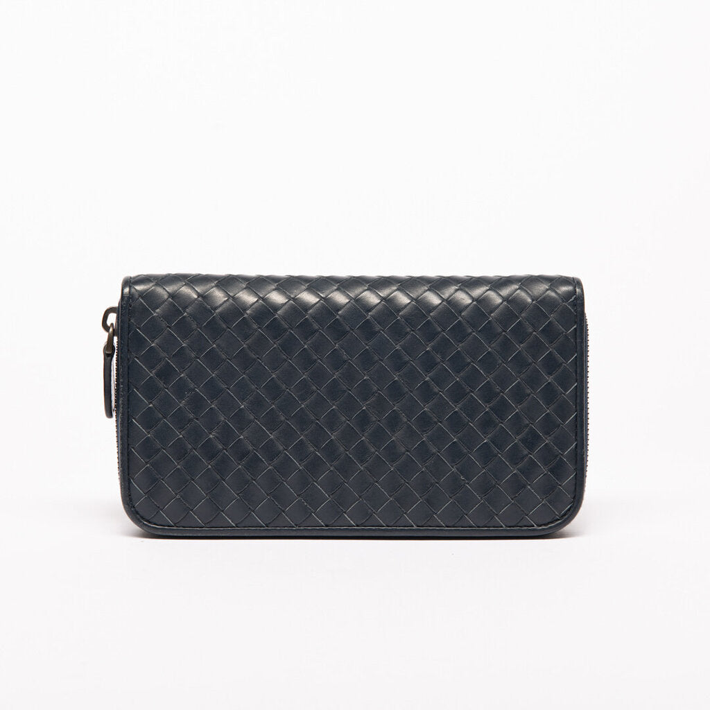 Bottega Veneta Navy Intrecciato Zip Wallet