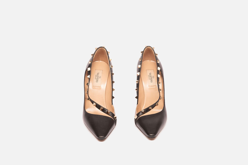 Valentino Black Leather Rockstud Pointed Toe Heels