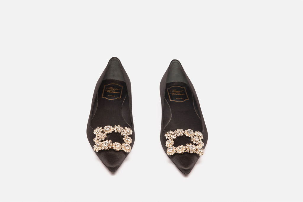 Roger Vivier Black Satin silver Jewel Point Toe Flats