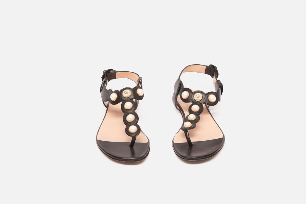 Gucci Black Leather Pearl Sandals