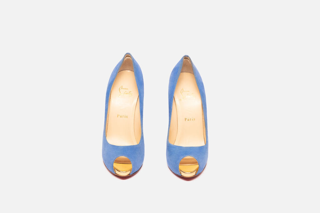 Christian Louboutin Blue Suede Peep Toe Gold Heel Pump