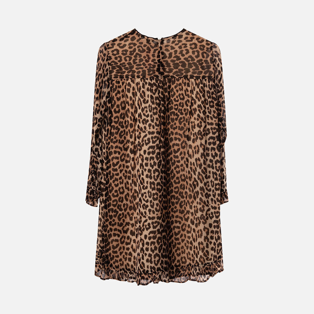 Ganni Leopard Print Polyester Ruffle Sleeve Hem Dress