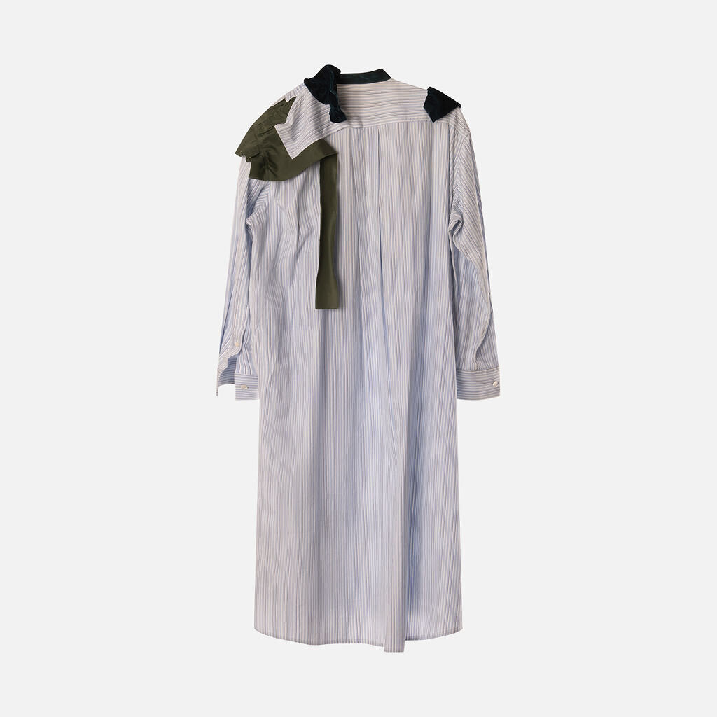 Sacai Blue & White Pinstripe Green Ruffle Scarf Dress