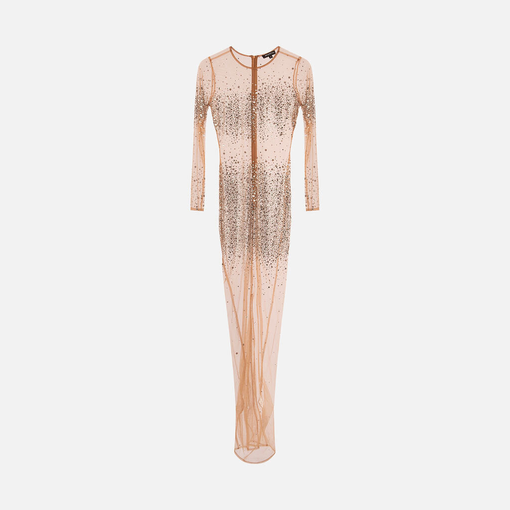 Retrofete Nude Poly Mesh Crystal Maxi Dress