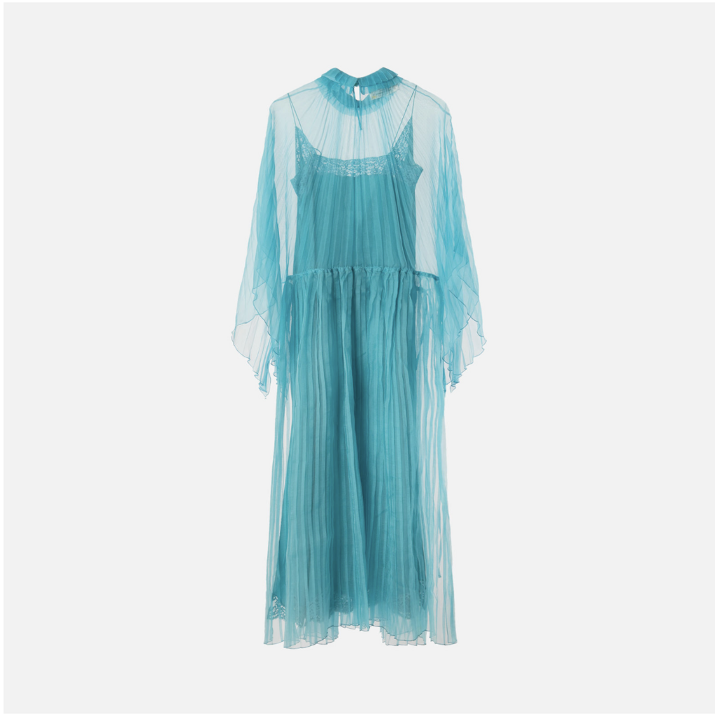 Gucci 2019 Sample Teal Organza Pleated Dress w/ Lace Slip