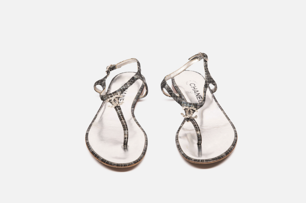 Chanel Silver & Black Plaid T Strap Sandal