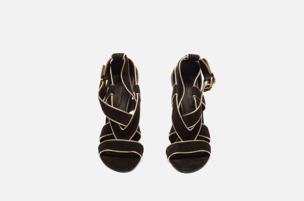 Louis Vuitton Black Suede & Gold Trim Wedges