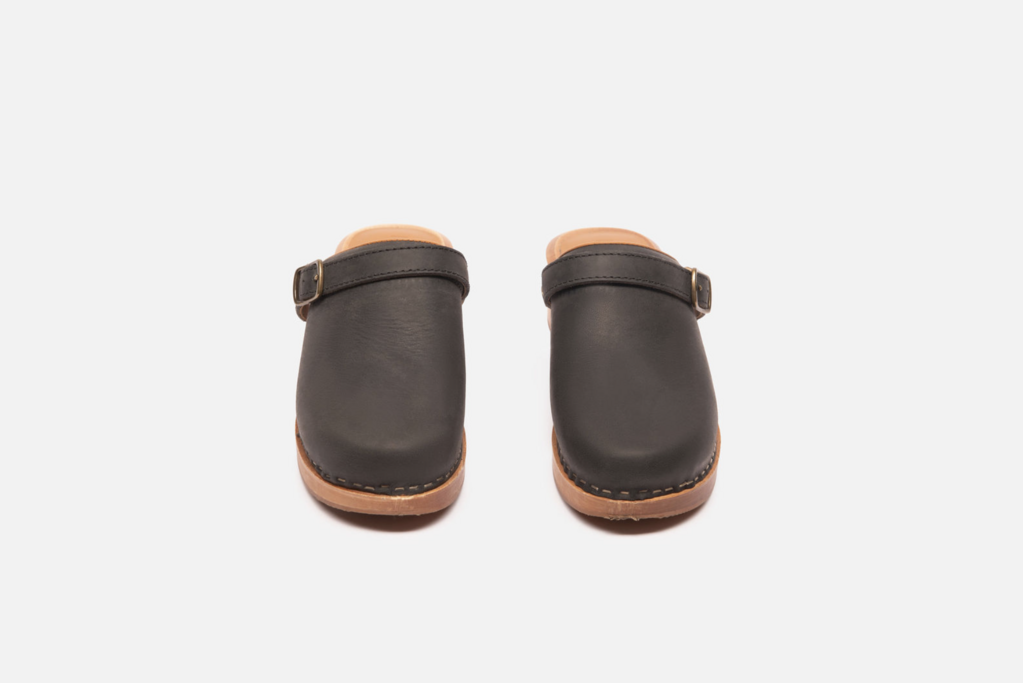 Re/Done Black Leather & Buckle Wood Clog