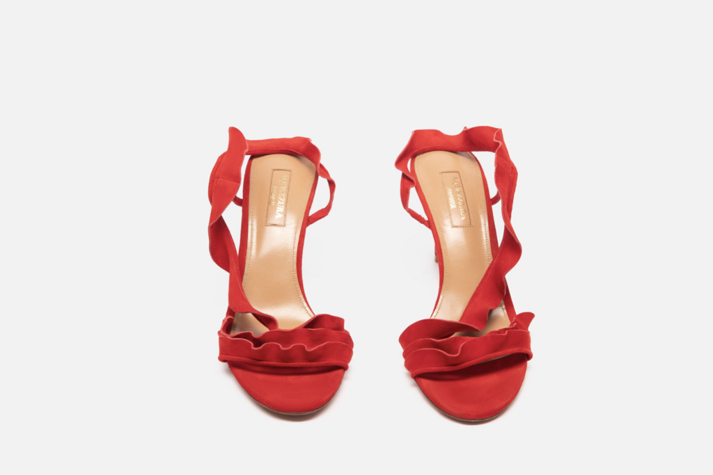 Aquazurra Red Suede Ruffle Strappy Heels