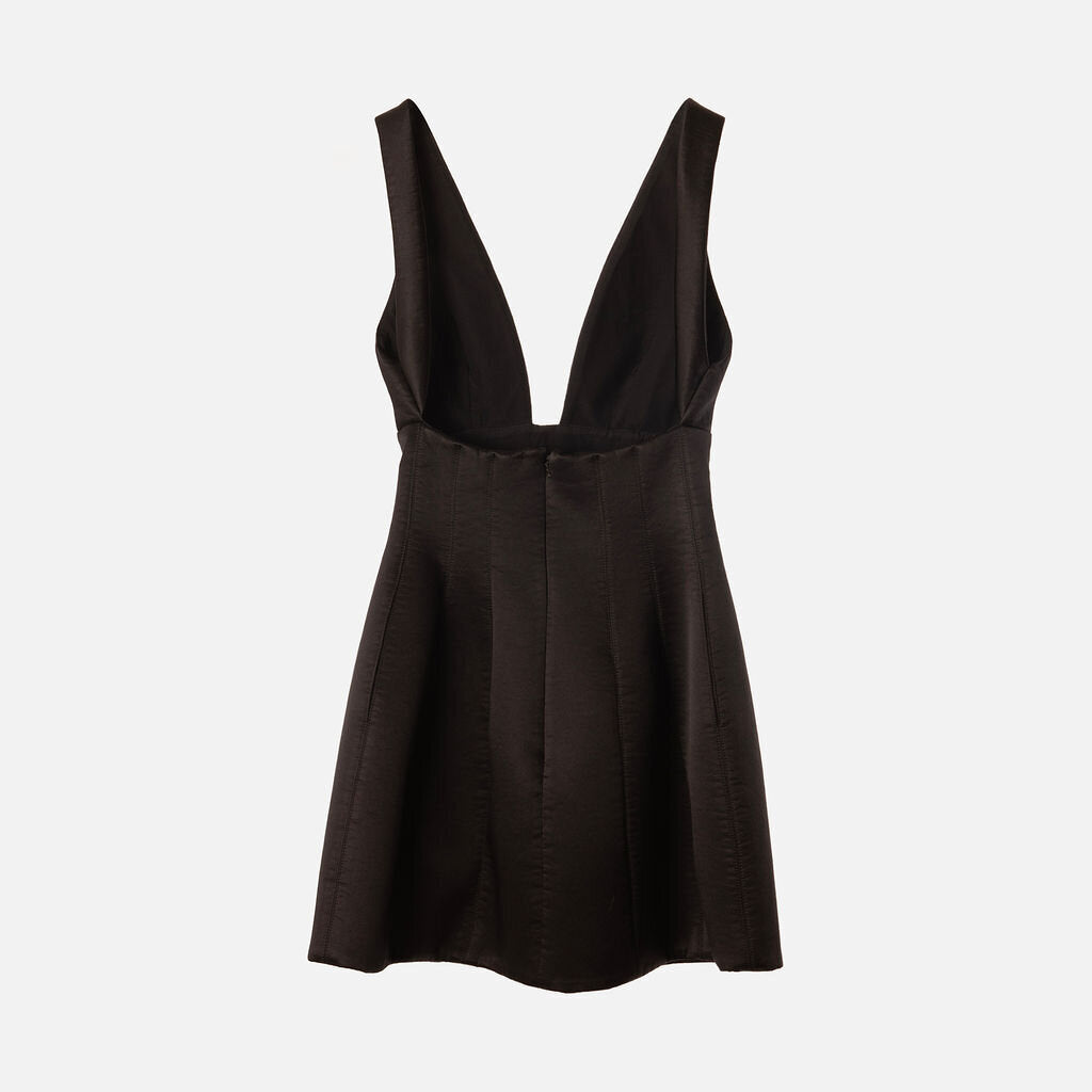 Brandon Maxwell Black Satin V-Neck Mini Dress