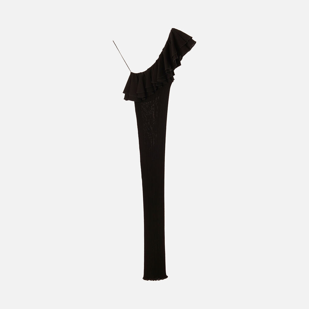 Balmain Black Viscose & Cotton Knit One Shoulder Midi Dress