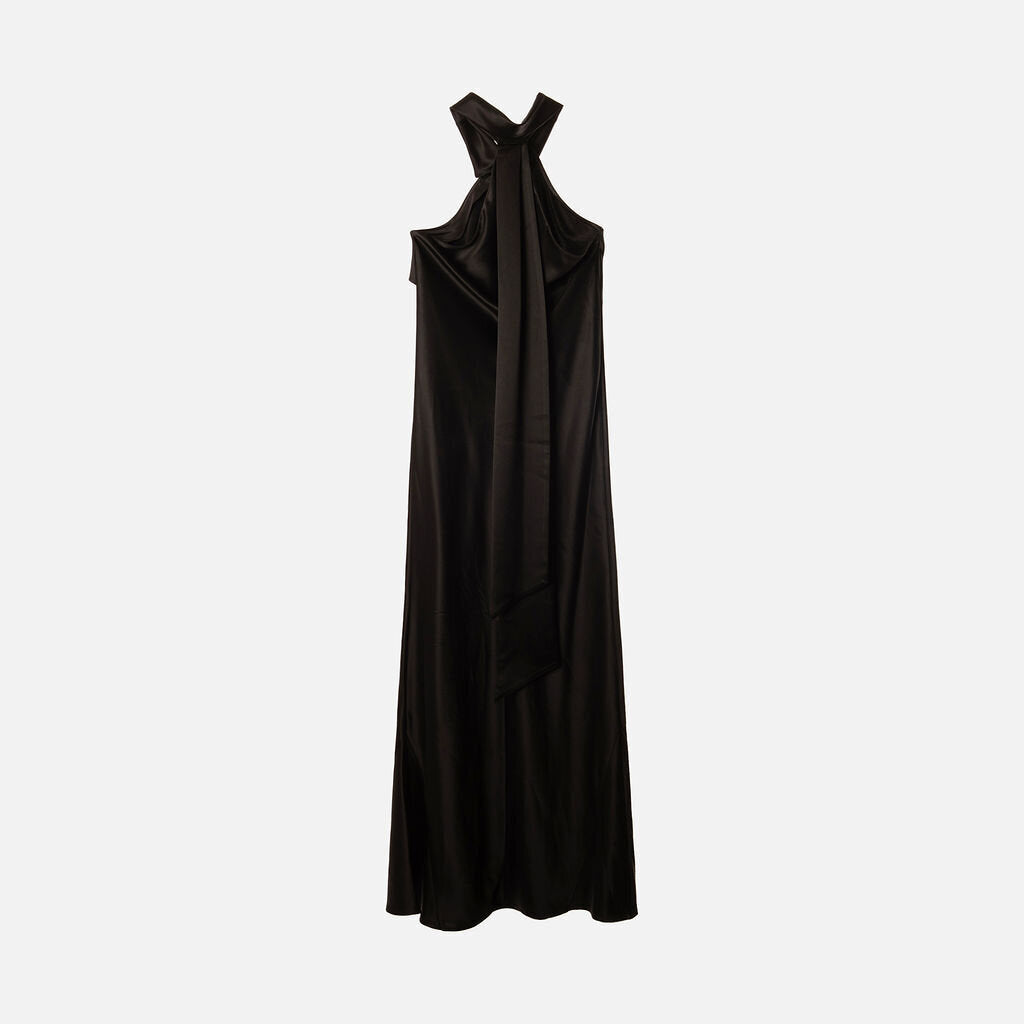 Galvan London Black Satin Halter Maxi Dress