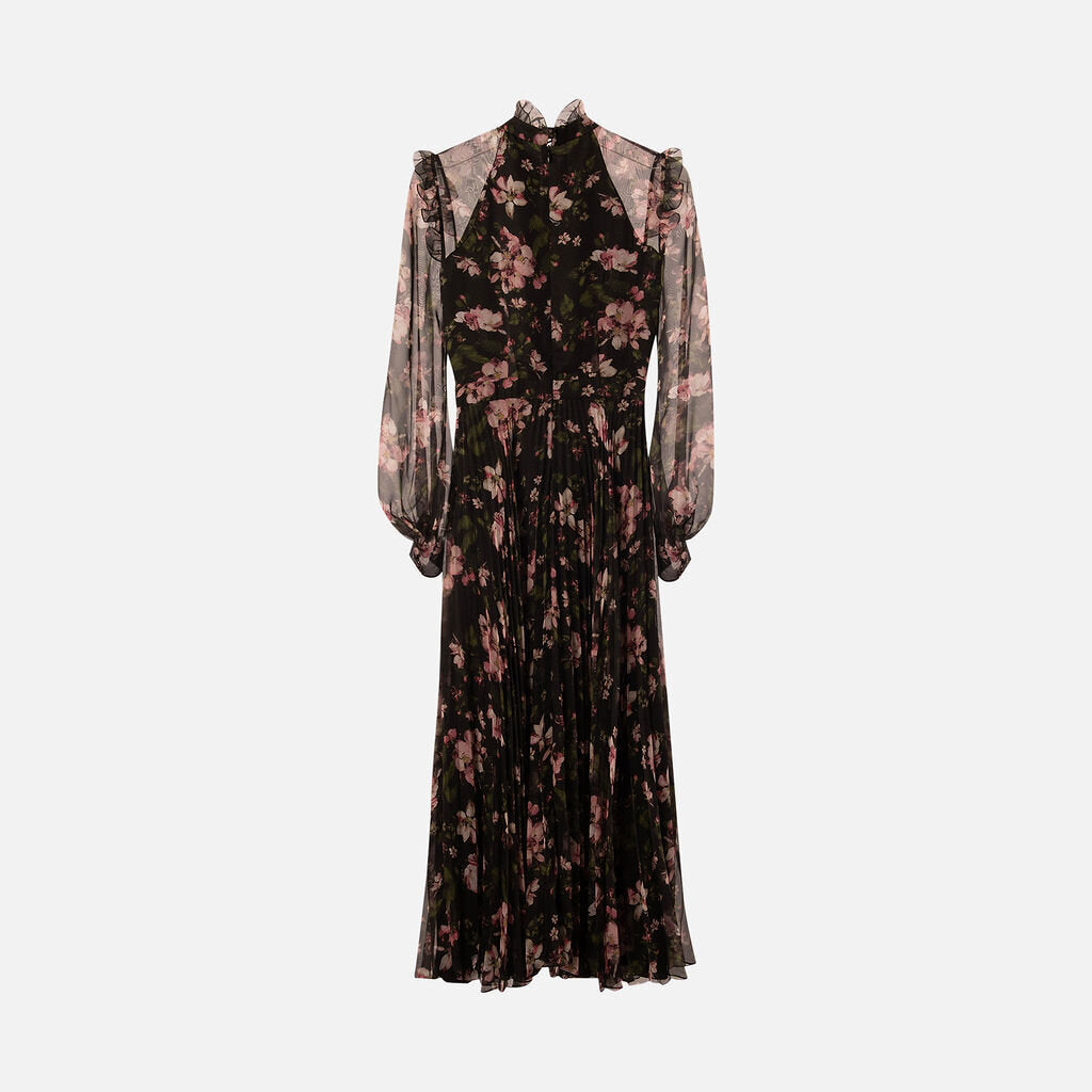 Erdem Black & Pink Floral Silk Pleated Maxi Dress