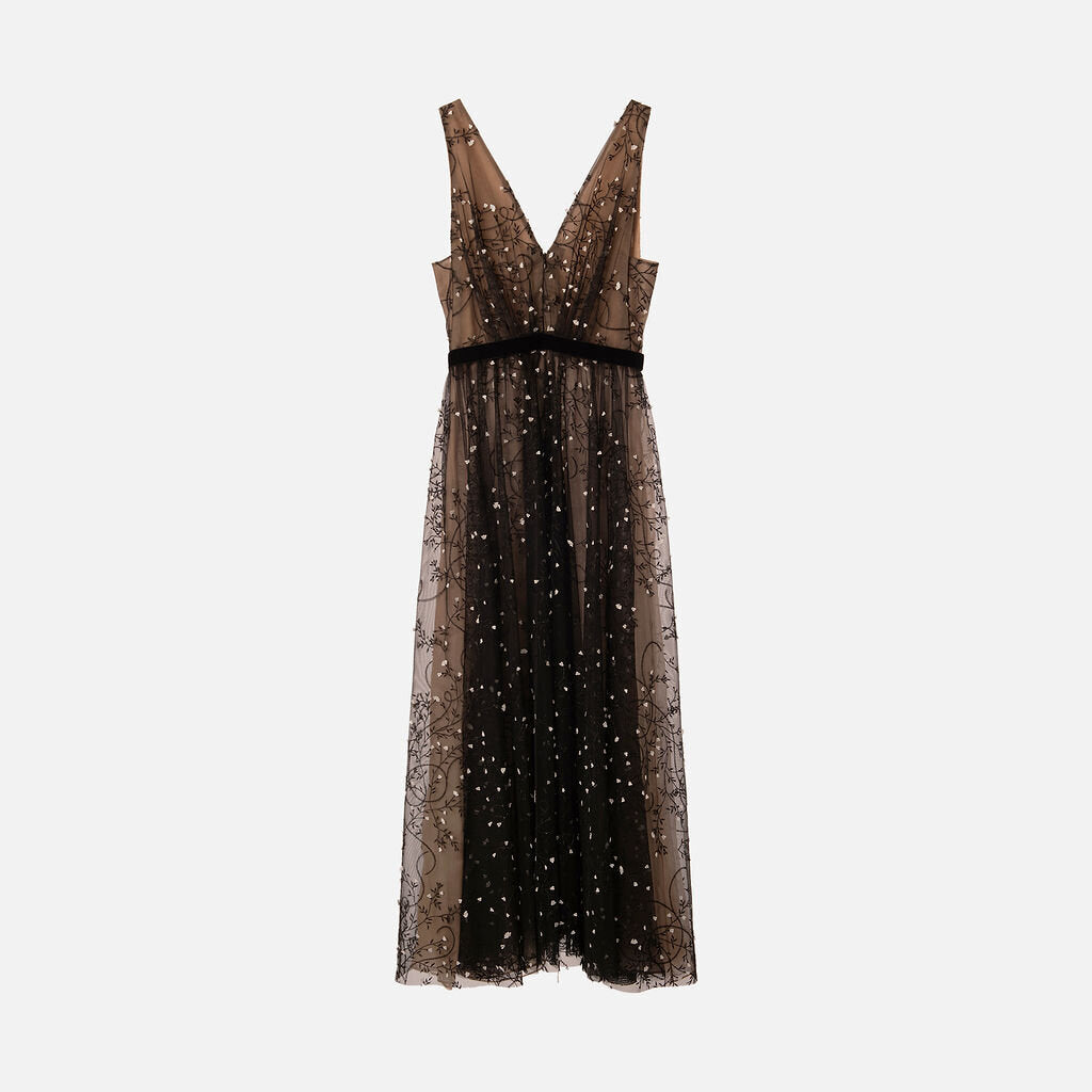 J. Mendel Black Mesh Flower Detail Maxi Dress