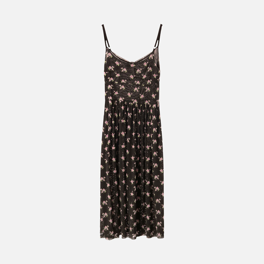 Sandy Liang Black Floral Mesh Midi Dress
