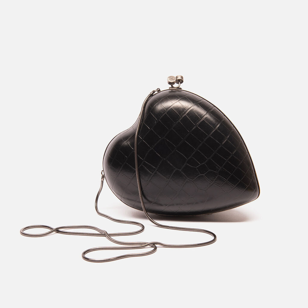 Saint Laurent Black Croc Embossed Kisslock Heart Clutch