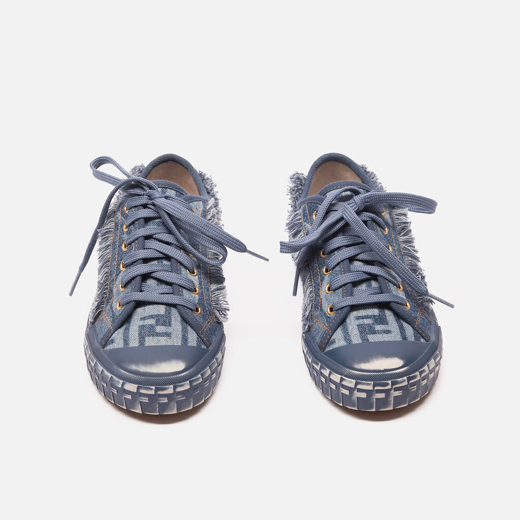 Fendi Blue Frayed Denim Trainers
