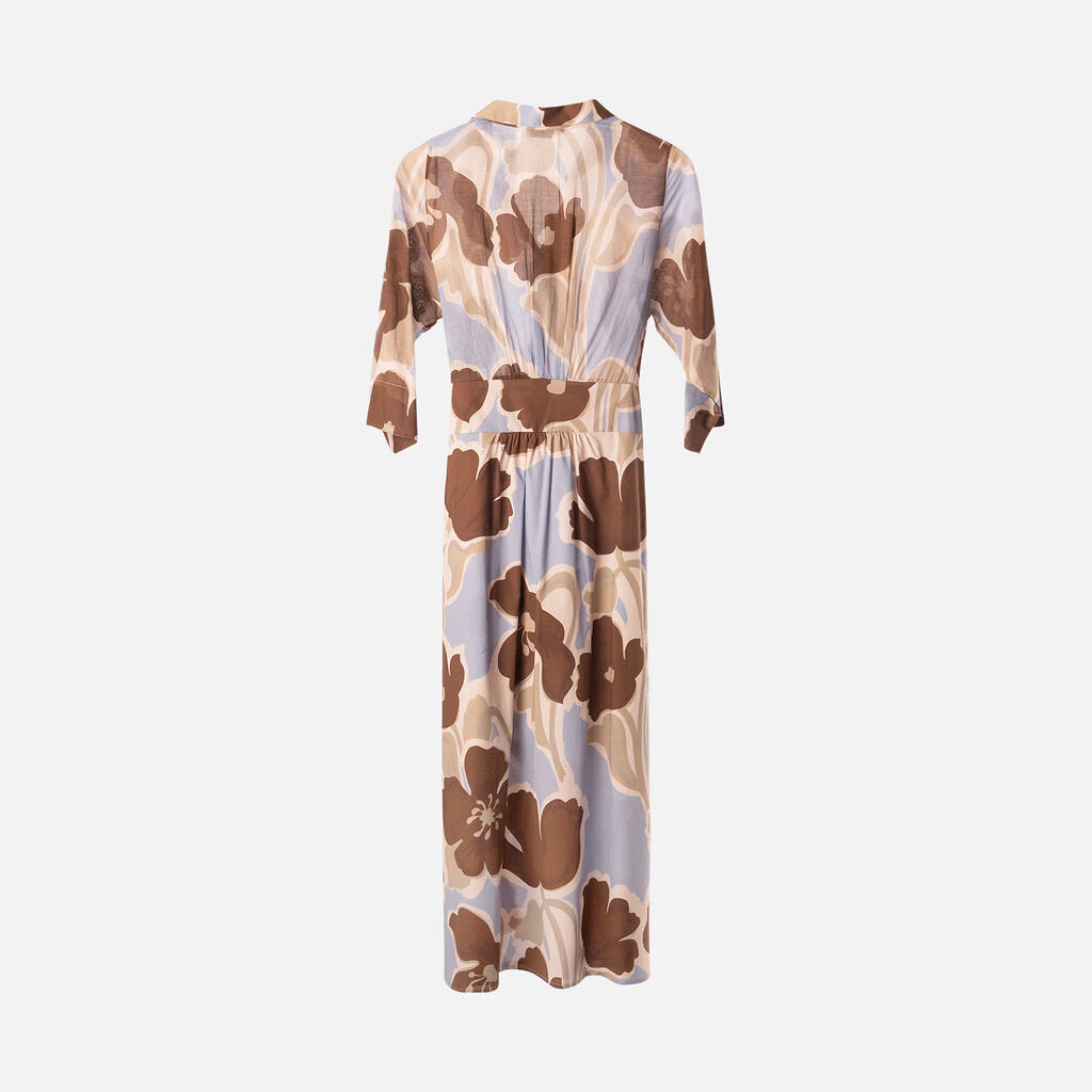 WHYCI Blue & Brown Cotton Pattern Belted Dress