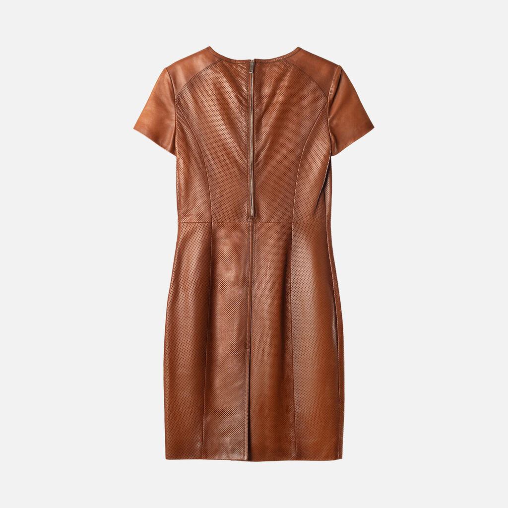Prada Brown Leather Short Sleeve Dress