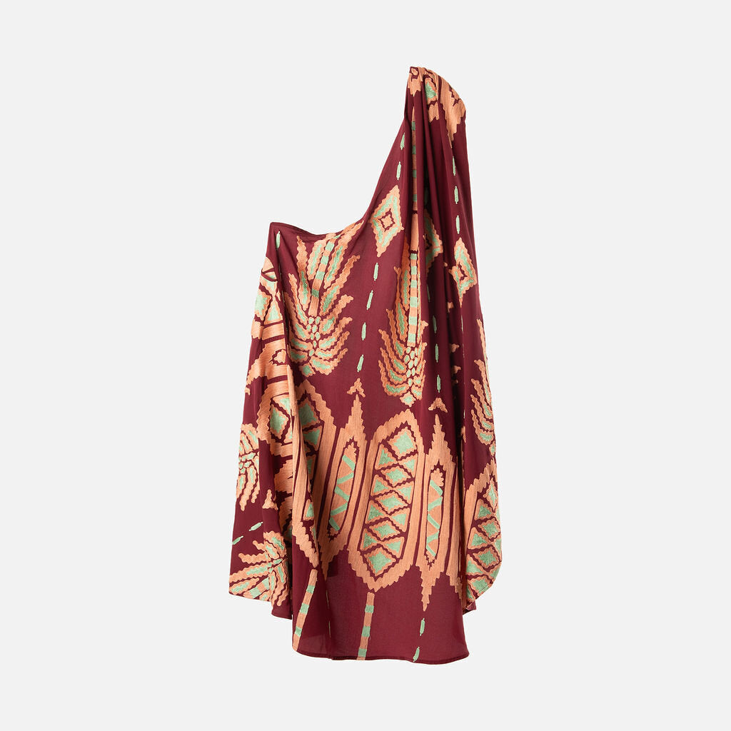 Johanna Ortiz Burgundy Silk Embroidered Cape Dress