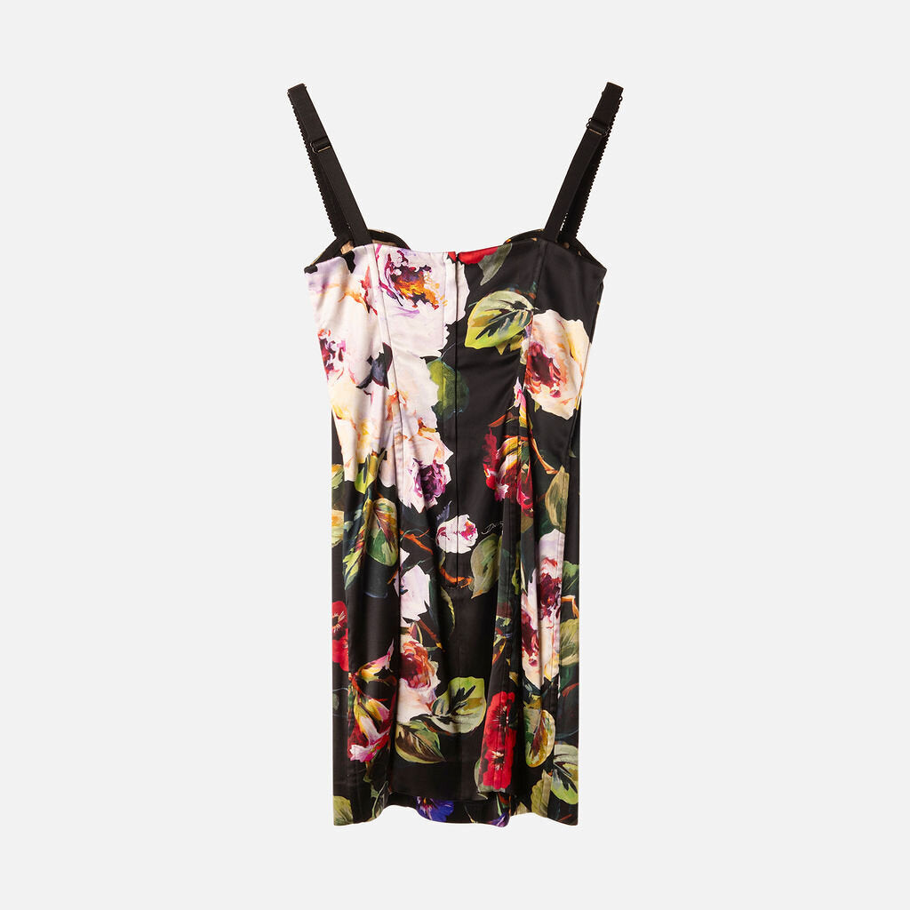 Dolce & Gabbana Black Floral Print Satin Mini Dress