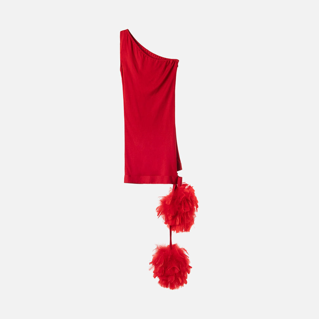 Pierre Cardin Rare Red Fether Pom Pom Mini Dress (1960)