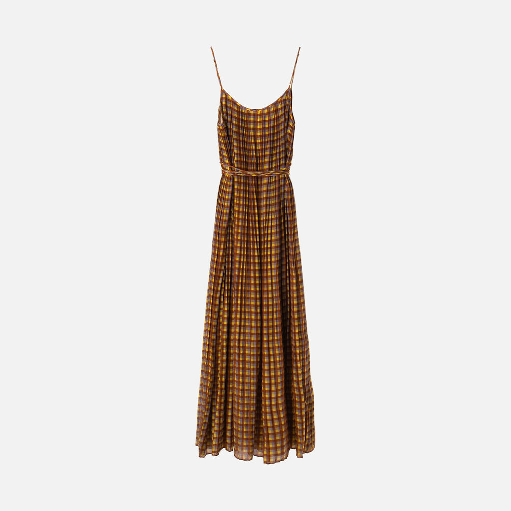 Tory Burch Brown & Yellow Gingham Cotton & Silk Pleated Dress