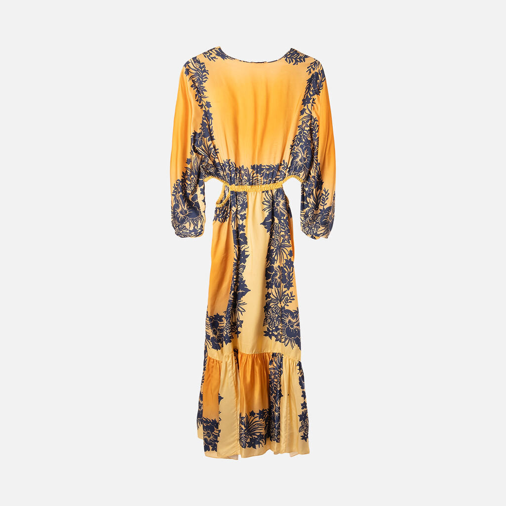 Sandro Yellow & Blue Poly Floral Midi Dress