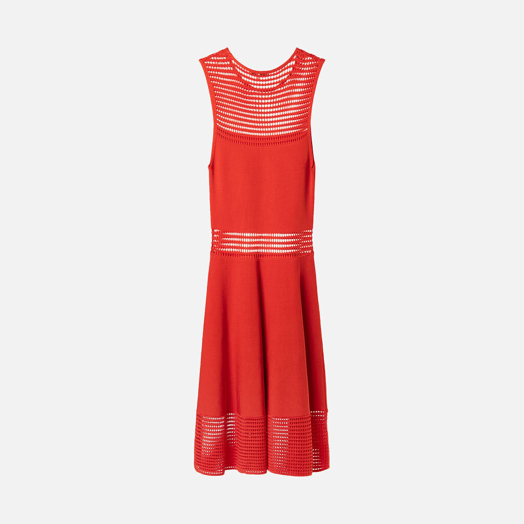 Ronny Kobo Orange Red Perforated Rayon & Nylon Dress