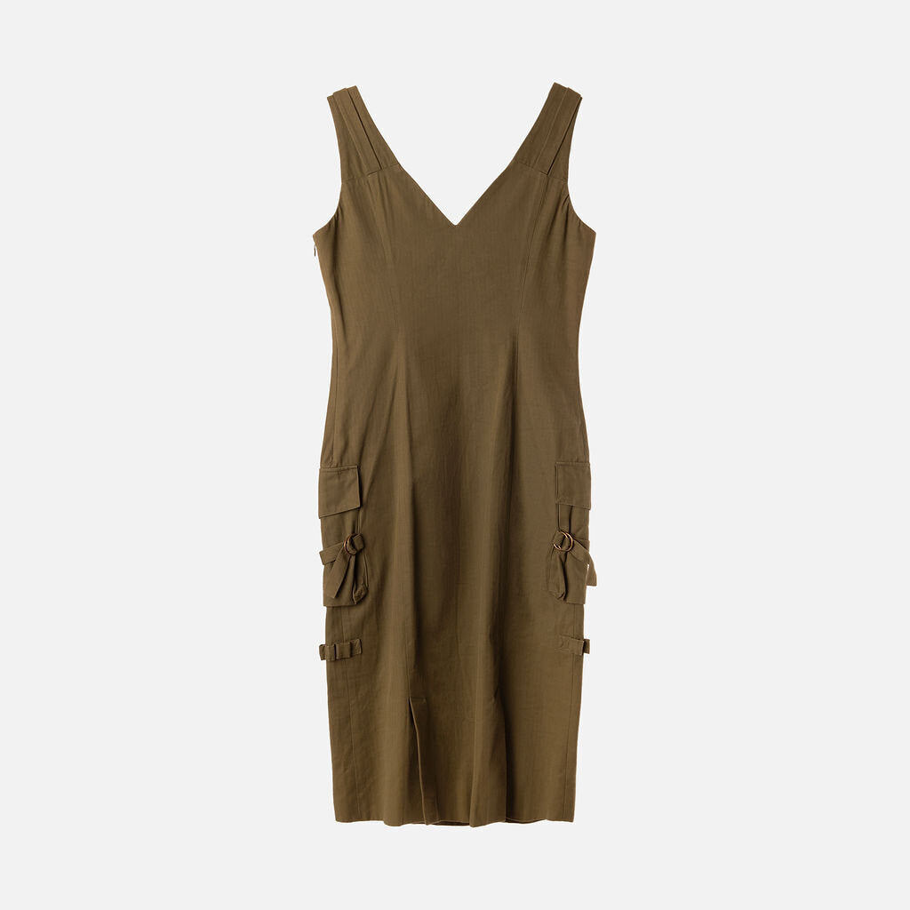 John Galliano Green Cotton V-Neck Midi Dress (2003)