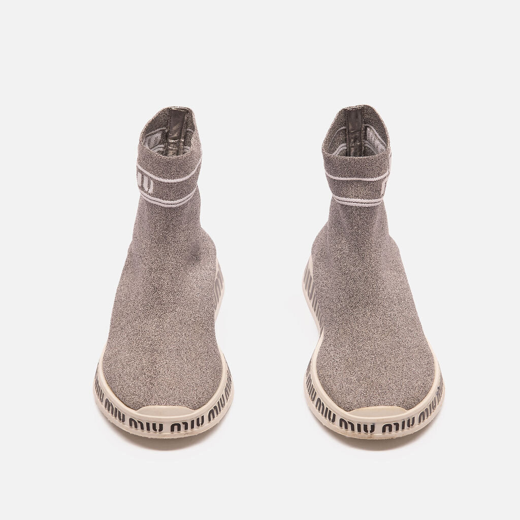 Miu Miu Grey Silver Sock Slip On Sneaker