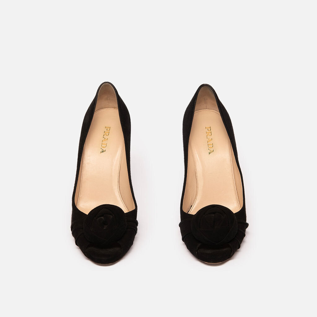 Prada Black Suede Rose Detailed Heel