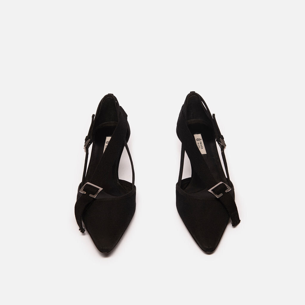 Prada Black Canvas Belted Slingbacks