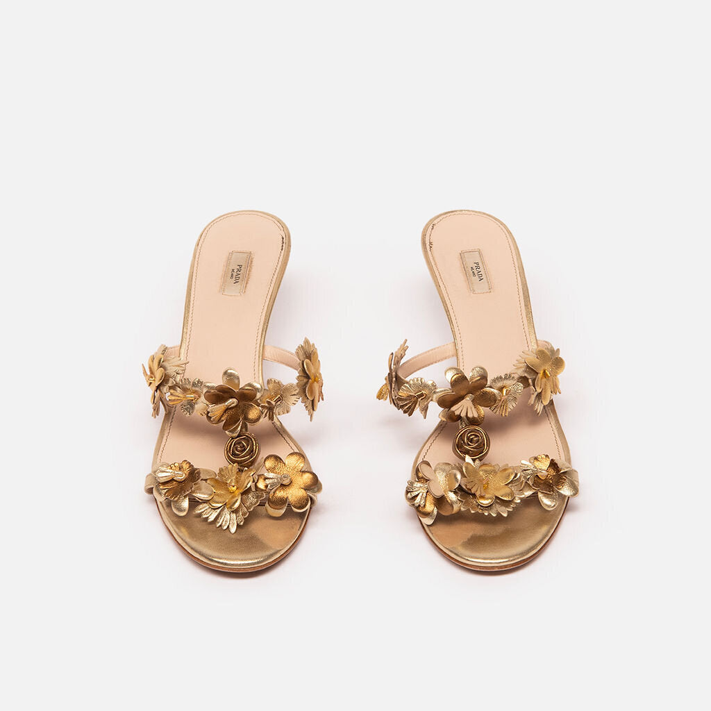 Prada Gold Floral Appllique Sandals