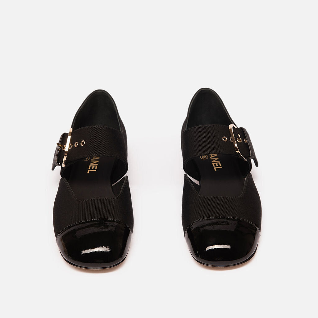 Chanel Black Leather Patent Toe Ballet Flat